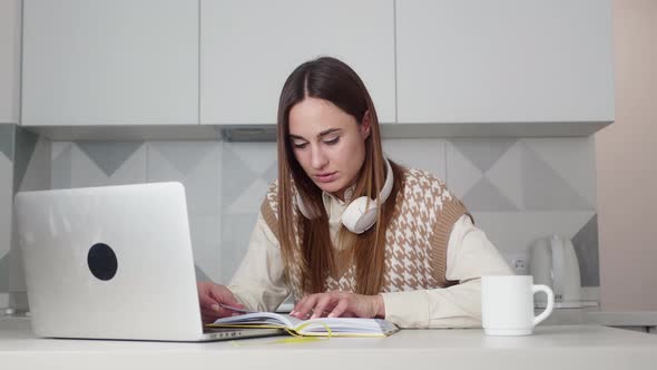 Girl College Student Using Laptop Computer Watching Distance Online Learning Seminar Class Remote