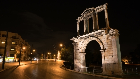 Night Athens. On Right We See the Arch of Hadrian That Leads To the Pillars of Zeus's Archaeological