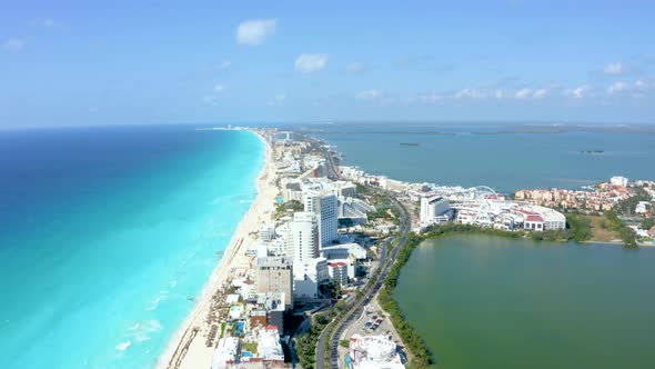 Aerial View of Cancun Mexico Showing Luxury Resorts and Blue Turquoise Beach