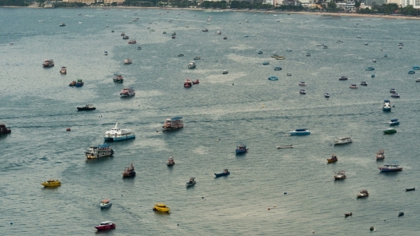 Floating Many Ships and Boats in the Sea. . Thailand. Pattaya