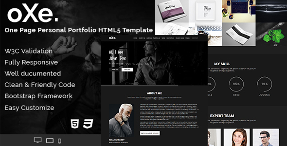 oXe. One Page - Responsive HTML5 Dark Personal Portfolio Template.