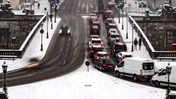 Traffic  During a Snow Storm in Munich, Germany