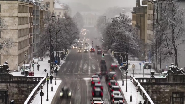 Traffic  During a Snow Storm in Munich, Germany