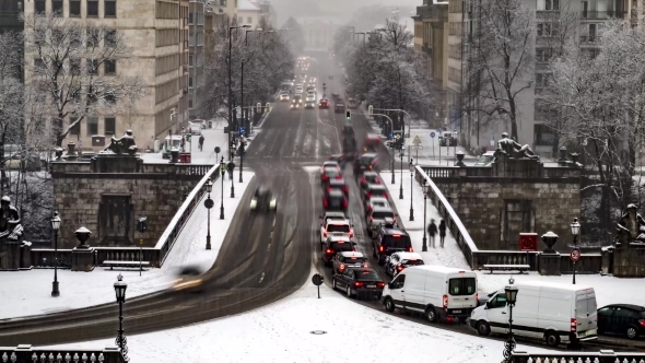 Traffic  During a Snow Storm in Munich, Germany