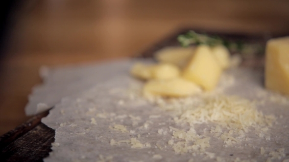 Block of Cheese  on Vintage Wooden Background