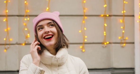 Young Women Portrait in Cute Pink Hat and Red Lips Smiling