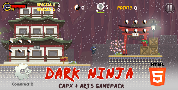 Dark Ninja - szablon gry platformowej HTML5 (Construct 2)