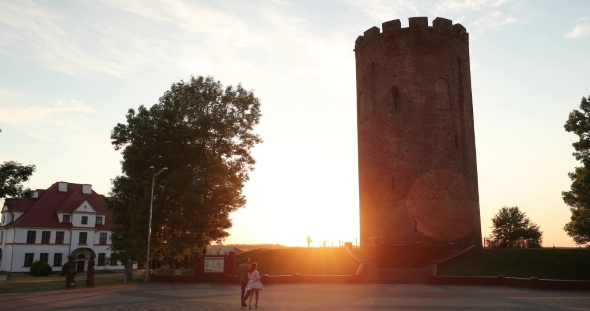 Kamyenyets, Brest Region, Belarus Tower Of Kamyenyets In Sunset Or Sunrise Time.