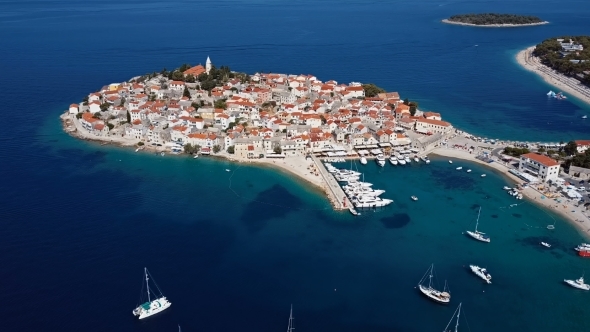 Flying Over Resort Adriatic Town Primosten, Croatia.