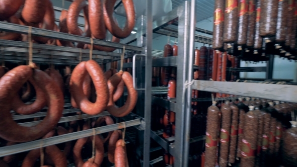 Many Kinds of Sausages Are Located in a Meat Storage Room