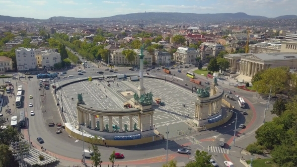Aerial Video Shows the Heroes Square in Downtown Budapest, Hungary -  Drone Footage Aerial View