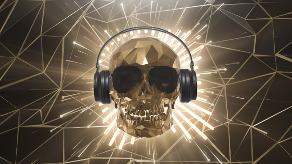 The Golden Low Poly Skull of the DJ on the Background of the Equalizer