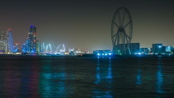 The Ain Dubai Ferris Wheel Under Construction, Night Cityscape with Illumination, Bluewater Island