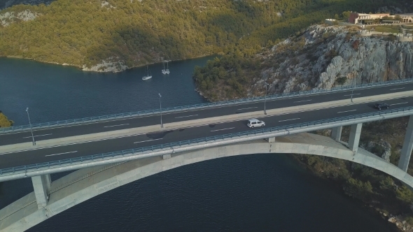 Aerial Panorama View with Bridge and Sea Around Islands. Beautiful Landscape Surrounded with Blue