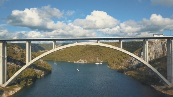 Aerial Panorama View with Bridge and Sea Around Islands. Beautiful Landscape Surrounded with Blue
