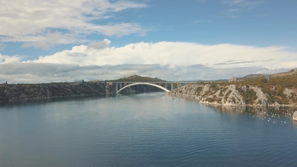 Aerial Panorama View with Bridge and Sea Around Islands. Beautiful Landscape Surrounded with Blue