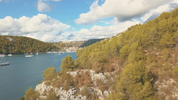 Aerial Panorama View with Bridge and Sea Around Islands. Beautiful Landscape Surrounded with Blue