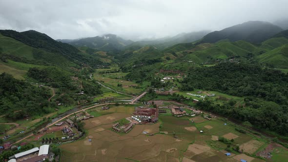 Aerial view of Sapan village, The city in valley, Nan, Thailand by drone
