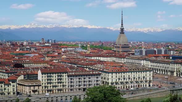 Turin, Torino, Aerial Timelapse Skyline Panorama 