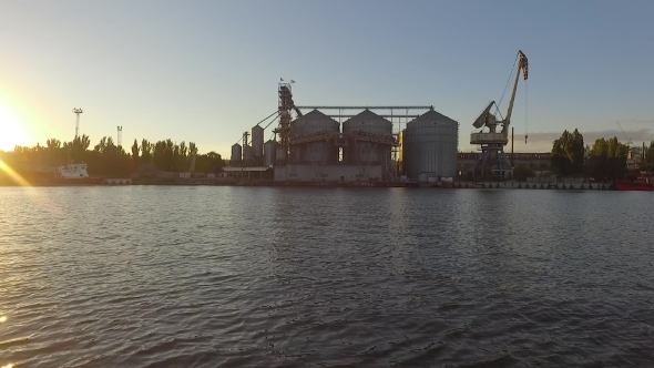 Aerial View of Big Grain Elevators on the Sea