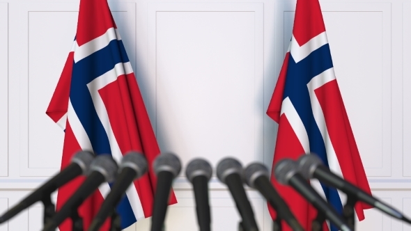 Norwegian Official Press Conference Featuring Flags of Norway alt
