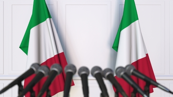Italian Official Press Conference Featuring Flags of Italy alt