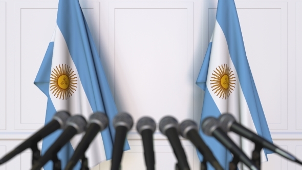 Argentinian Official Press Conference Featuring Flags of Argentina alt