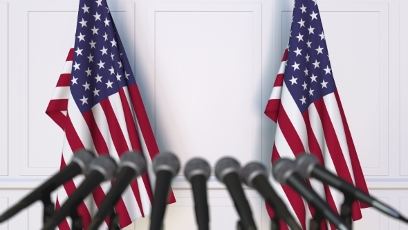 American Official Press Conference Featuring Flags of the United States alt