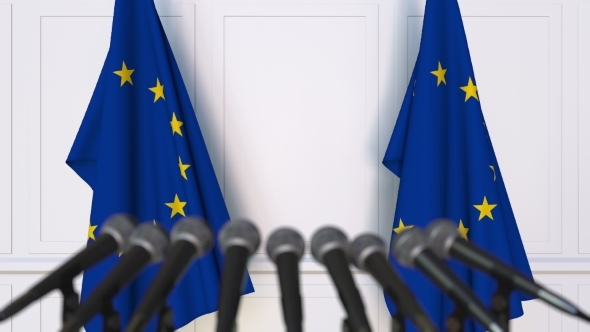 Official Press Conference Featuring Flags of the European Union EU alt