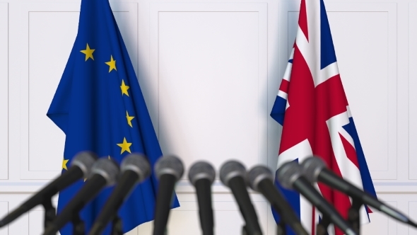 Flags of the European Union and The United Kingdom at International Press Conference alt