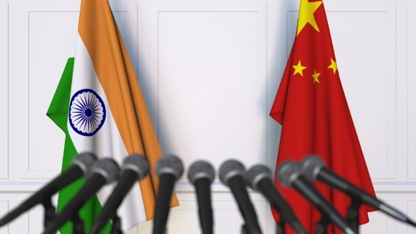 Flags of India and China at International Press Conference alt