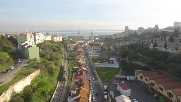 Old town with train by the river