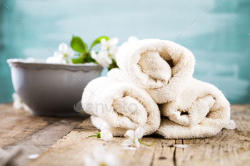 s and towel. Beige dayspa nature set with copyspace