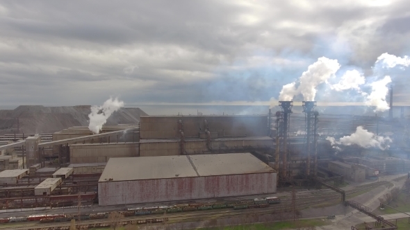 Aerial View of Industrial Steel Plant Aerial Sleel Factory Flying Over Smoke Steel Plant Pipes