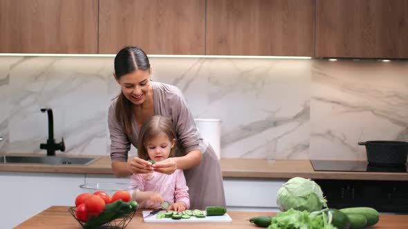 Smiling Mother and Daughter Cooking Vegetable Salad at Kitchen