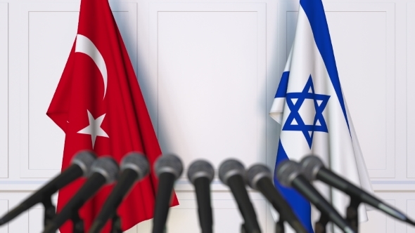 Flags of Turkey and Israel at International Press Conference alt