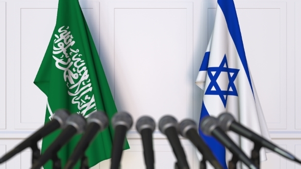 Flags of Saudi Arabia and Israel at International Press Conference alt