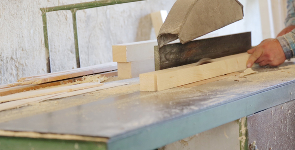 Sawing the Wooden Square Beam on Circular Saw