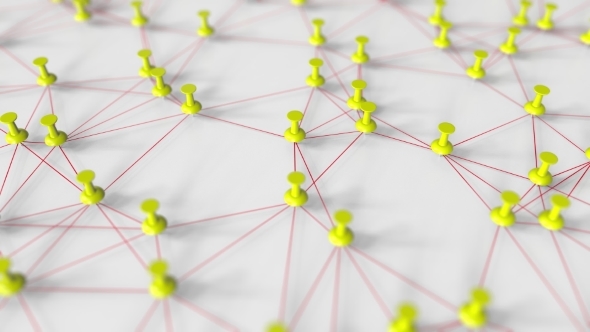 Many Yellow Pushpins and Threads Compose a Grid alt