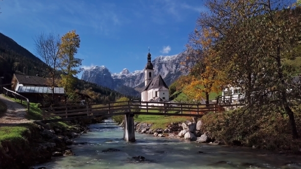 Flight Near Church in Ramsau, Berchtesgaden, Germany