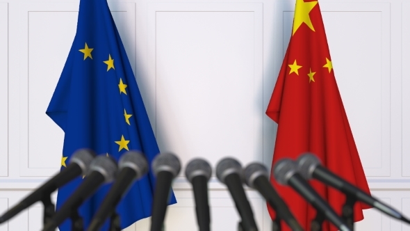 Flags of the European Union and China at International Press Conference alt