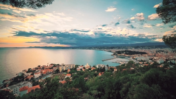 Nice France Sunset Panorama, Cityscape at Sunset with Traffic Street, Promenade and Building