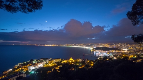 of Nice France Sunset Panorama, Cityscape at Sunset with Traffic Street, Promenade and Buildin