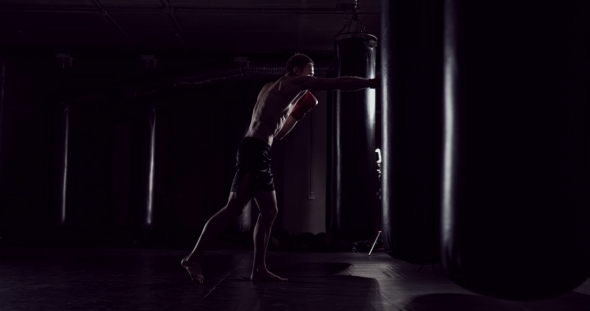 Boxer Punching Bag  Sequence Strong Athlete Hits a Punching Bag Kickboxing Men Training Punchin