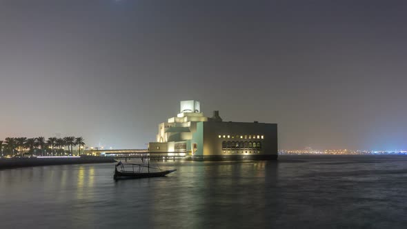 Beautiful Museum of Islamic Art Night Timelapse Hyperlapse in Doha Qatar