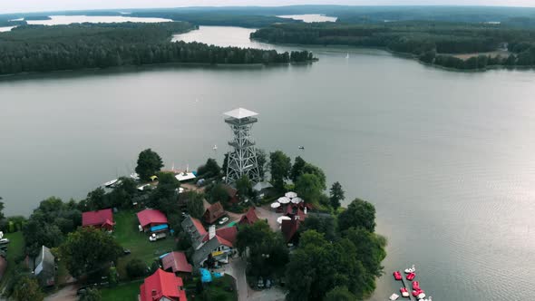 Aerial shot of Wdzydzki Park Krajobrazowy in Kaszuby, Poland with view of Observation Tower in Wdzyd