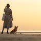 Dog and Woman Stand By Water While Travel to Sea at Sunset Spbi - VideoHive Item for Sale