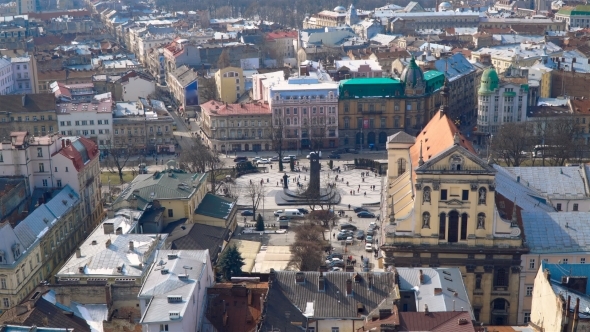 Aerial View Over the Streets of Lviv