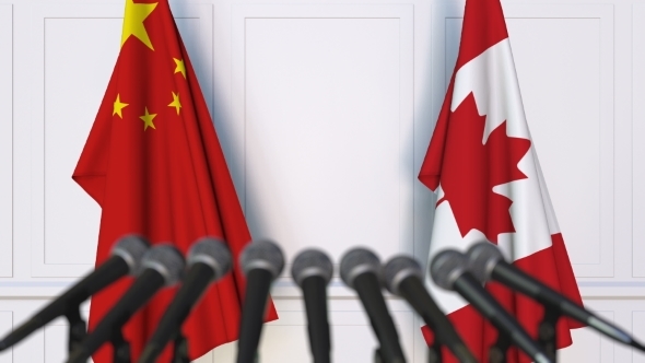 Flags of China and Canada at International Press Conference alt