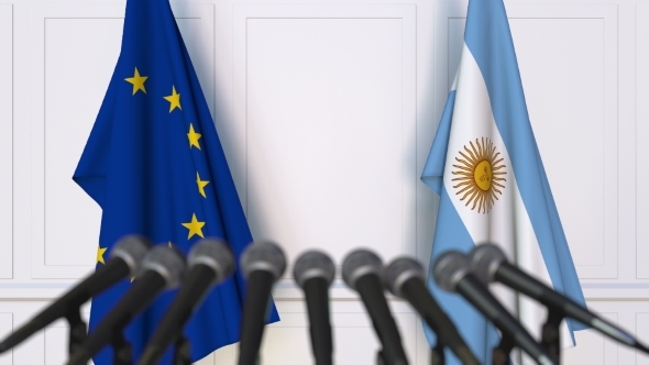 Flags of the European Union and Argentina at International Press Conference alt